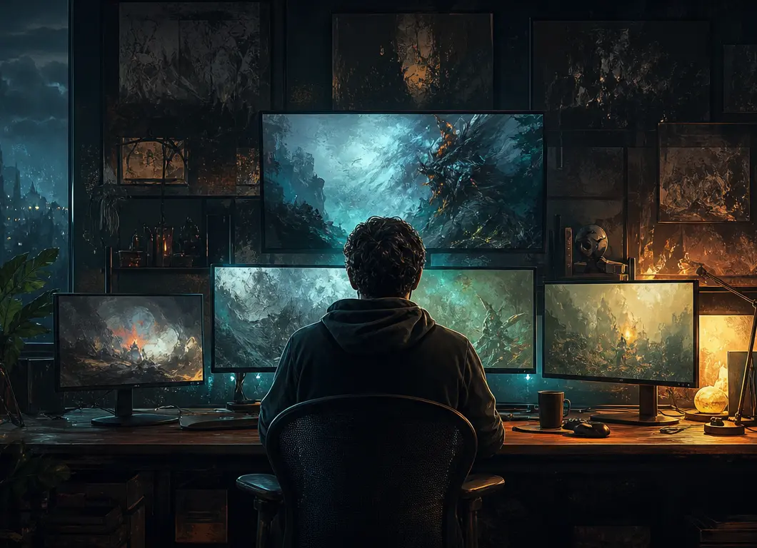 Creator am Schreibtisch vor Monitoren
