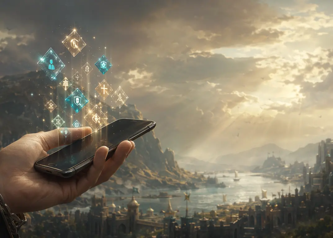 Hand mit Smartphone, App-Symbole schweben