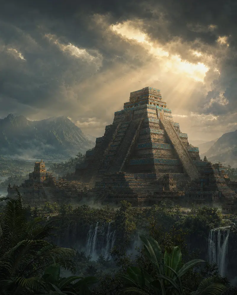 Azteken-Stufenpyramide unter dramatischem Himmel