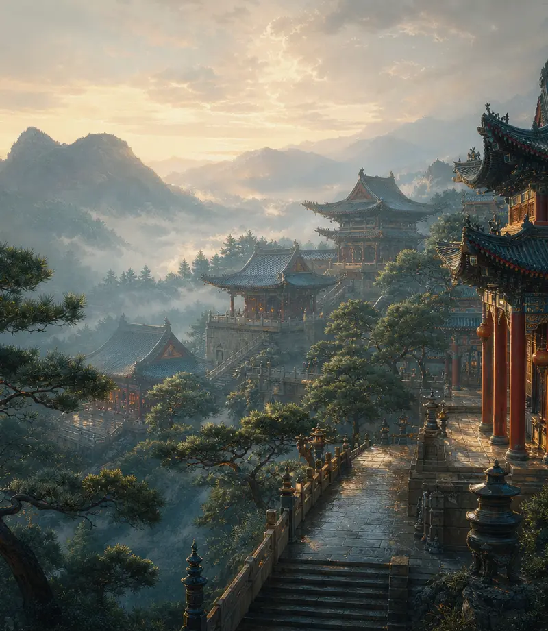 Chinesische Tempelanlage im Abendlicht