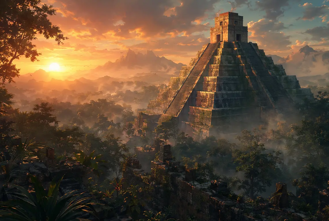 Stufenpyramide im orangen Sonnenaufgang