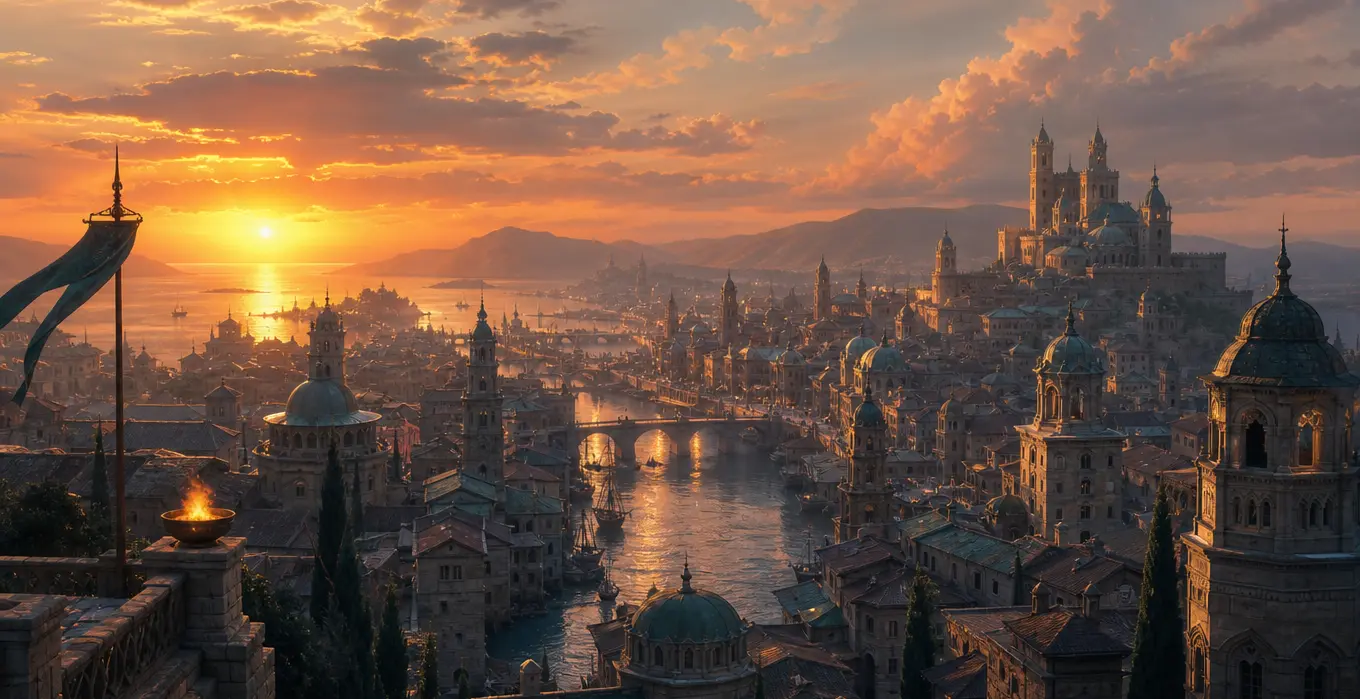 Stadtpanorama im Sonnenuntergang
